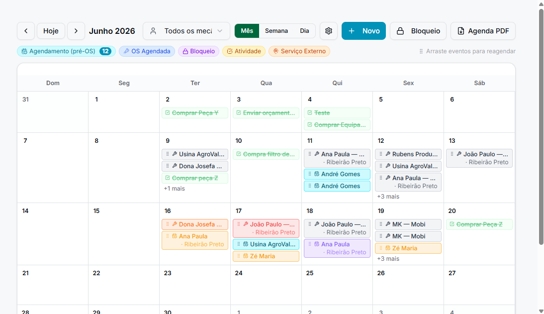 Calendário e agendamento do AutoFlowApp
