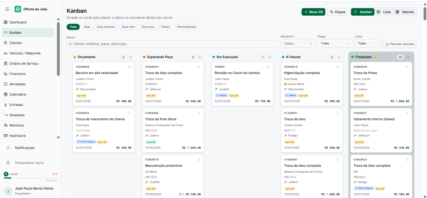 Kanban de ordens de serviço do AutoFlowApp, com os carros da oficina organizados por etapa: recepção, em execução e finalizada