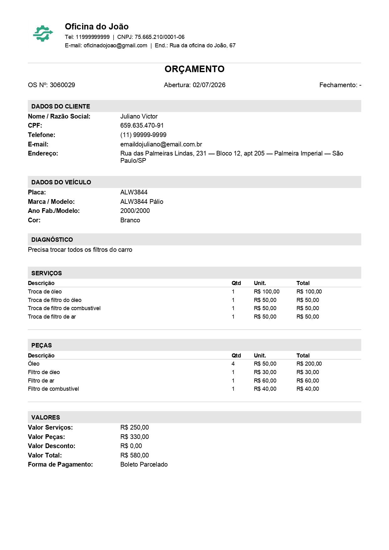 Orçamento em PDF gerado pelo AutoFlowApp